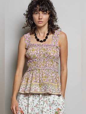 POL Smocked Printed Square Neck Peplum Tank with Ruffle Trim